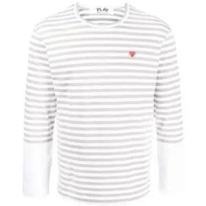 CDG Play Embroidered Logo Striped Long-Sleeve Tee White/Grey